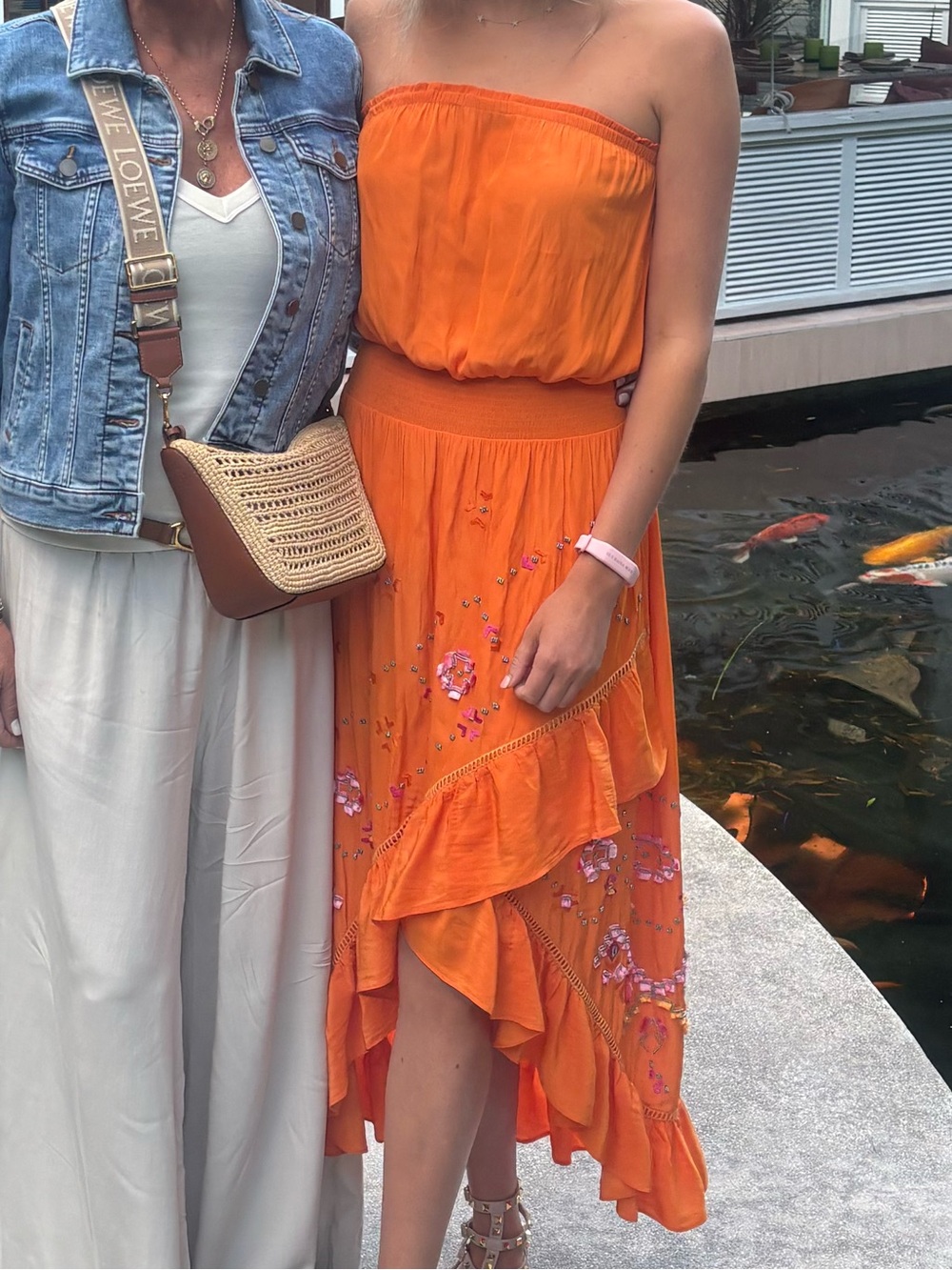 Ramy Brook Orange Midi Ruffled Strapless Dress.